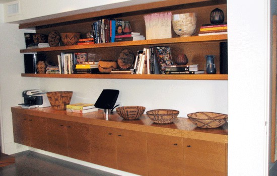 Floating storage below shelving